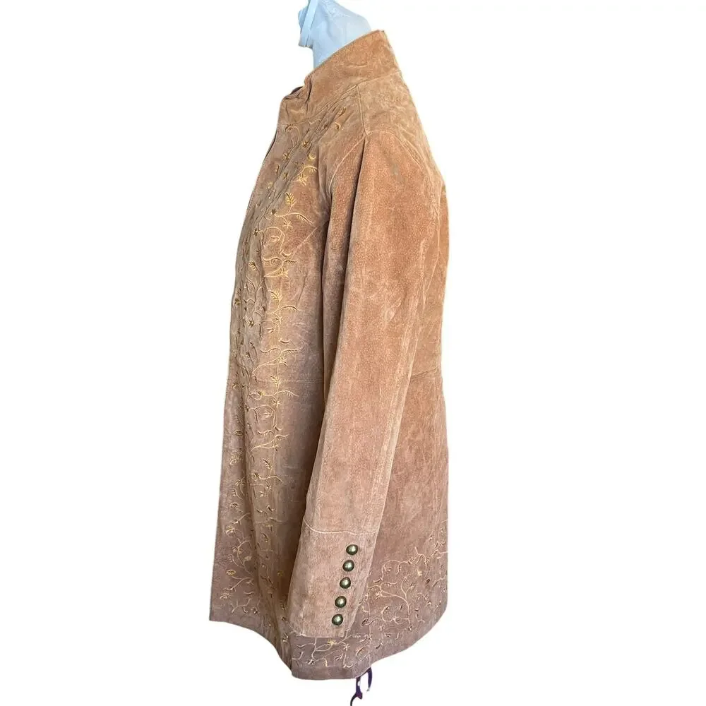 Prosper & Devine Women’s Brown Leather Suede Jacket Large Floral Embroidered - Picture 4 of 10